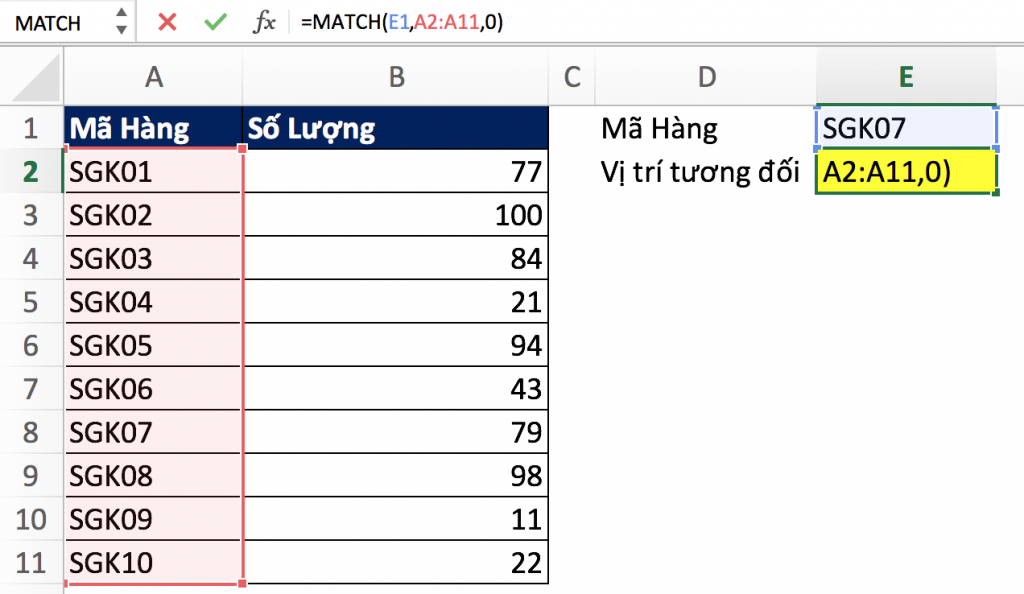 Cần phải làm gì để sử dụng hàm MATCH trong Excel 2