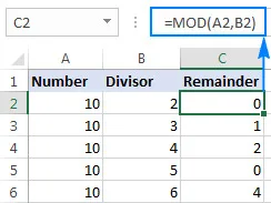 Cách sử dụng của hàm MOD trong Excel 2